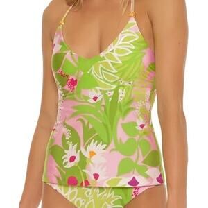 Trina Turk NWT Standard La Palma Floral Tankini Top Green Pink Tropical Size 2